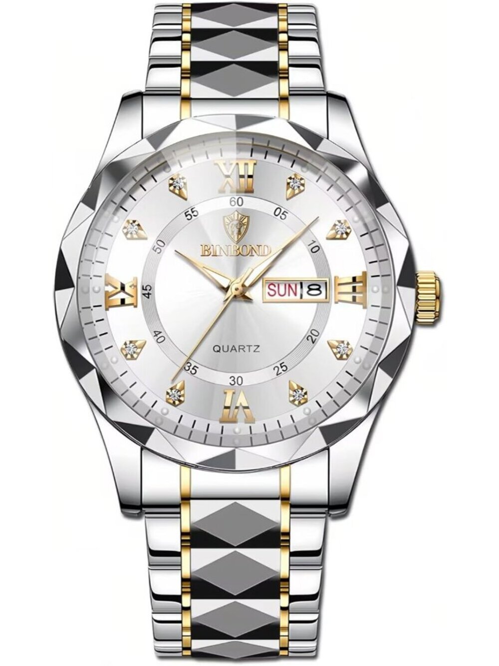 Unisex Silver White Analog Stainless Steel Roman Numeral Diamond Luxury Watch